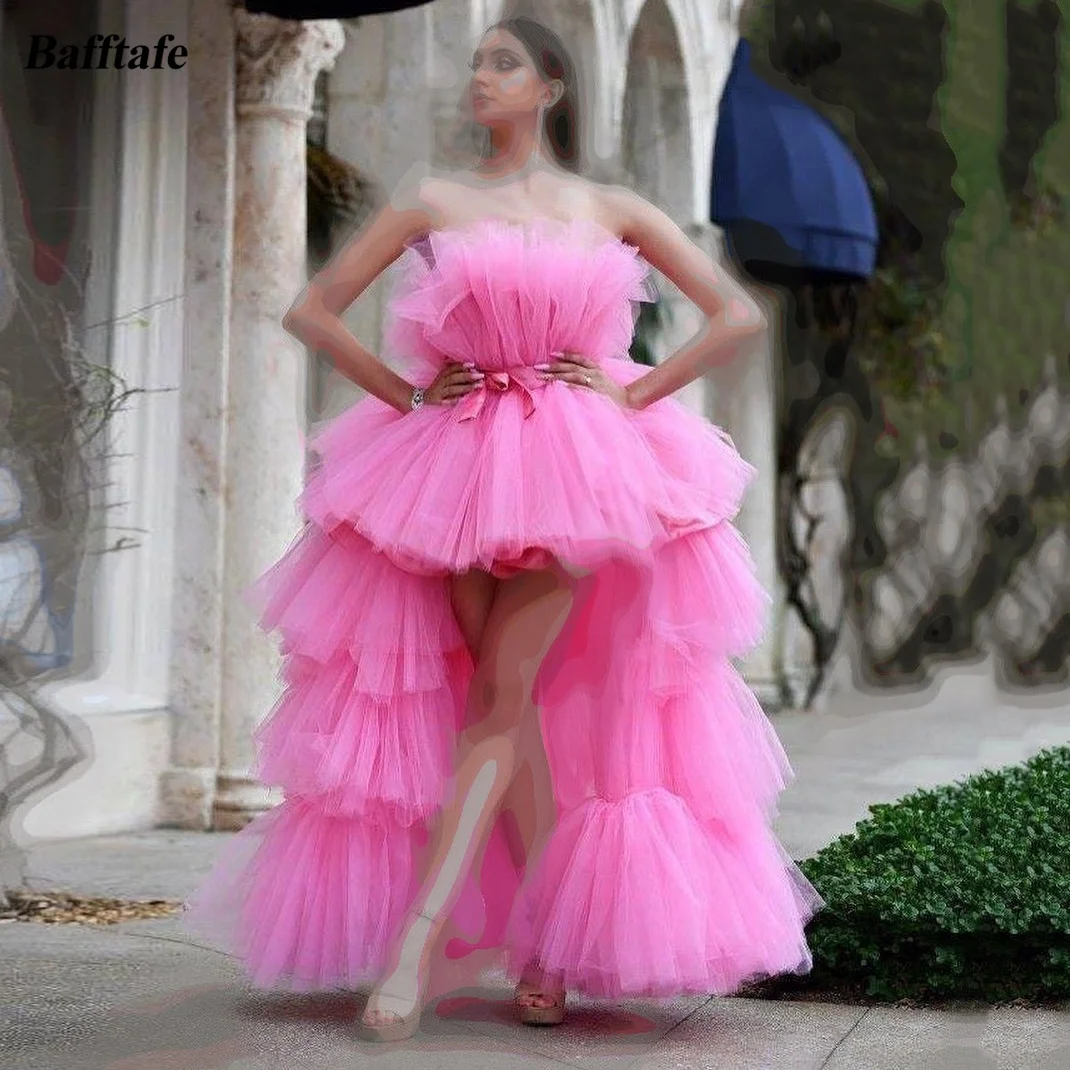 Pink Tulle High Low Prom Dresses Tiered Skirt Women Formal Dress Above Knee Sleeveless Special Evening Party Gowns Customized