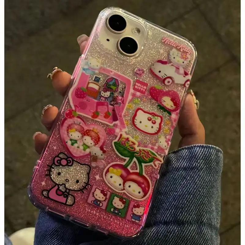 Cute Cartoon Sweet Cool Hello Kitty Bling Glitter Phone Case For iPhone 15 14 13 12 11 Pro Max Shockproof Back Cover