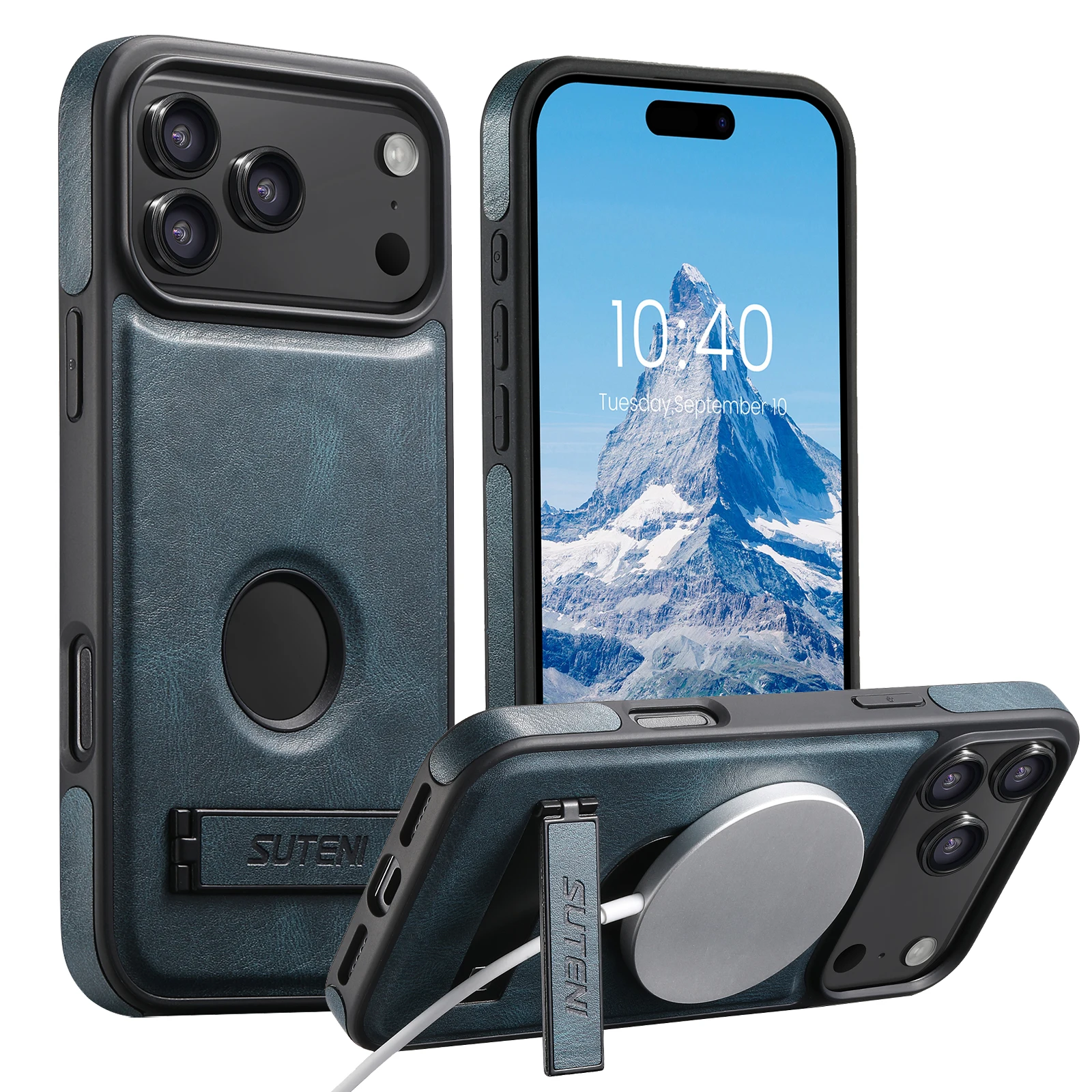 SUTENI Luxury Faux Leather Phone Case Stand Magnet Wireless Charging Smooth Surface For iPhone 17 Pro Max 16 Plus 15 14 13 12