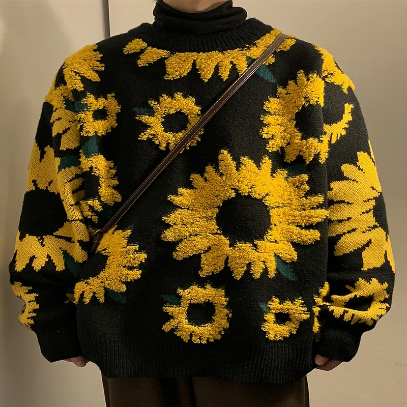 2022 Winter New Style Versatile Sunflower  Warm Round Neck Pullover Jacquard Sweater Couple Long Sleeve Knitwear