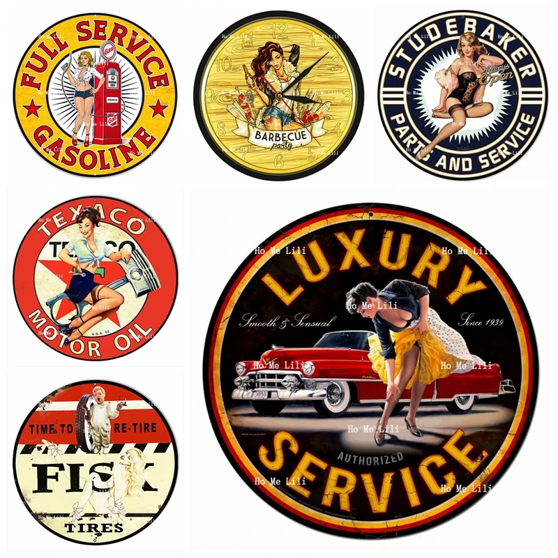 

Pin Up Sytle Full Service Gasoline Pin Up Girl Barbecue Party Parts And Service Texaco Motor Oil Round Metal Sign Home Decor