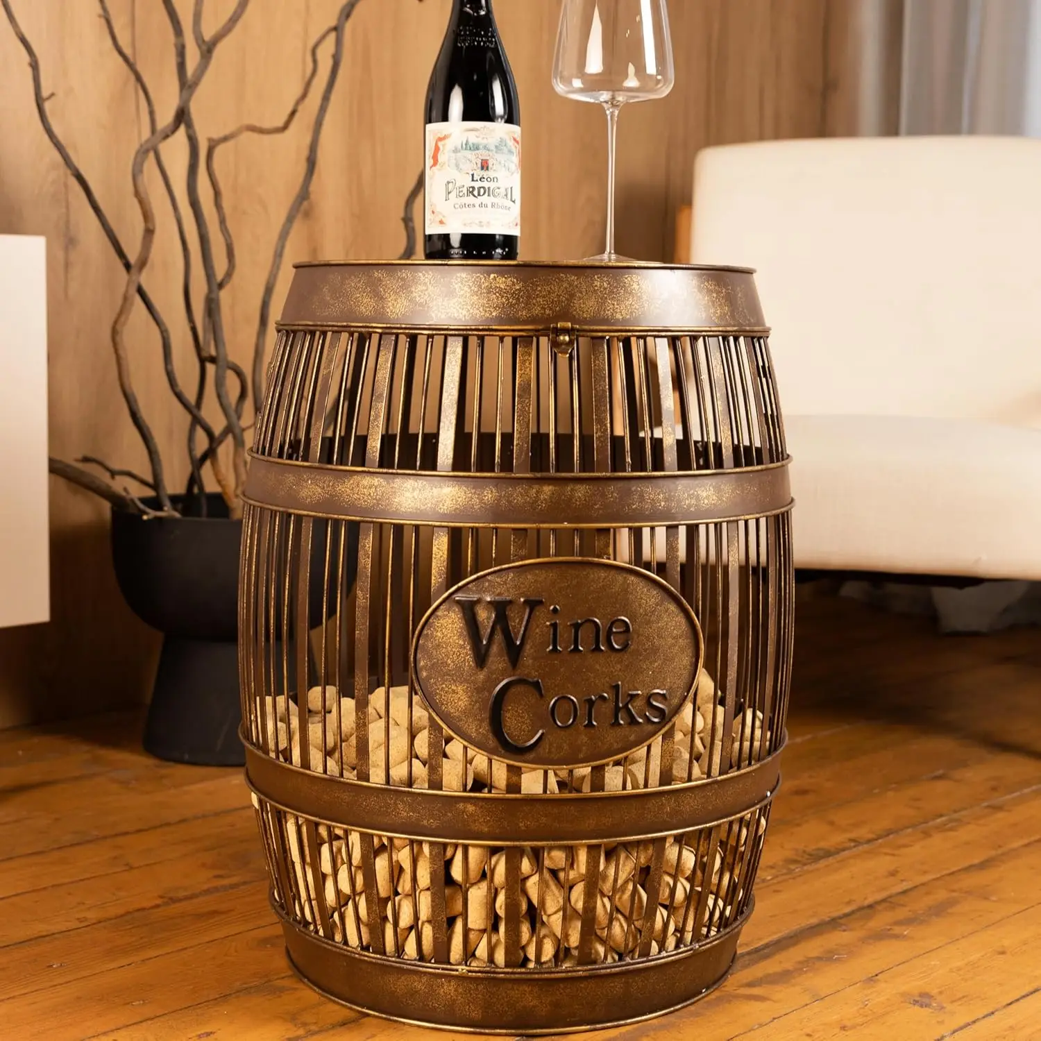 

Vintage Wine Barrel Accent Table with Cork Holder - Holds 3000 Corks, Durable Steel Design for Living Room or Den