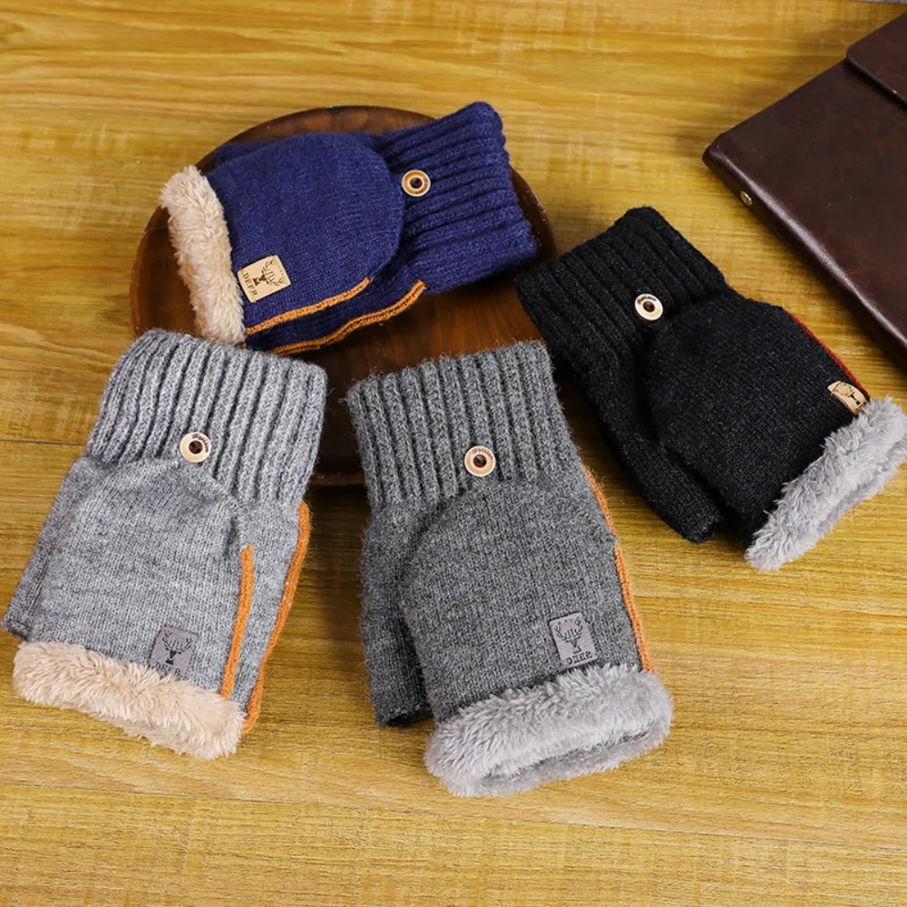 Acrylic Fibres Unisex Anti-cold Mittens Thickened Soft Half Finger Gloves Solid Color Touch Screen Dual-use Gloves Couple