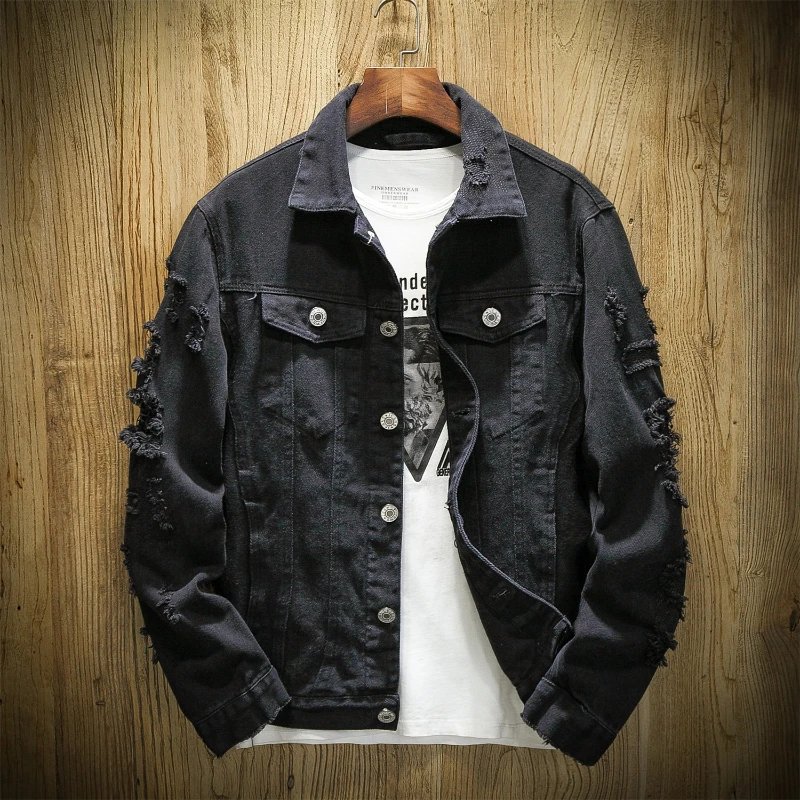 New Fall Men's Denim Jacket, Casual Japanese Style Flat Collar Single-Breasted Ripped Cardigan, Oversized Couples Outerwear