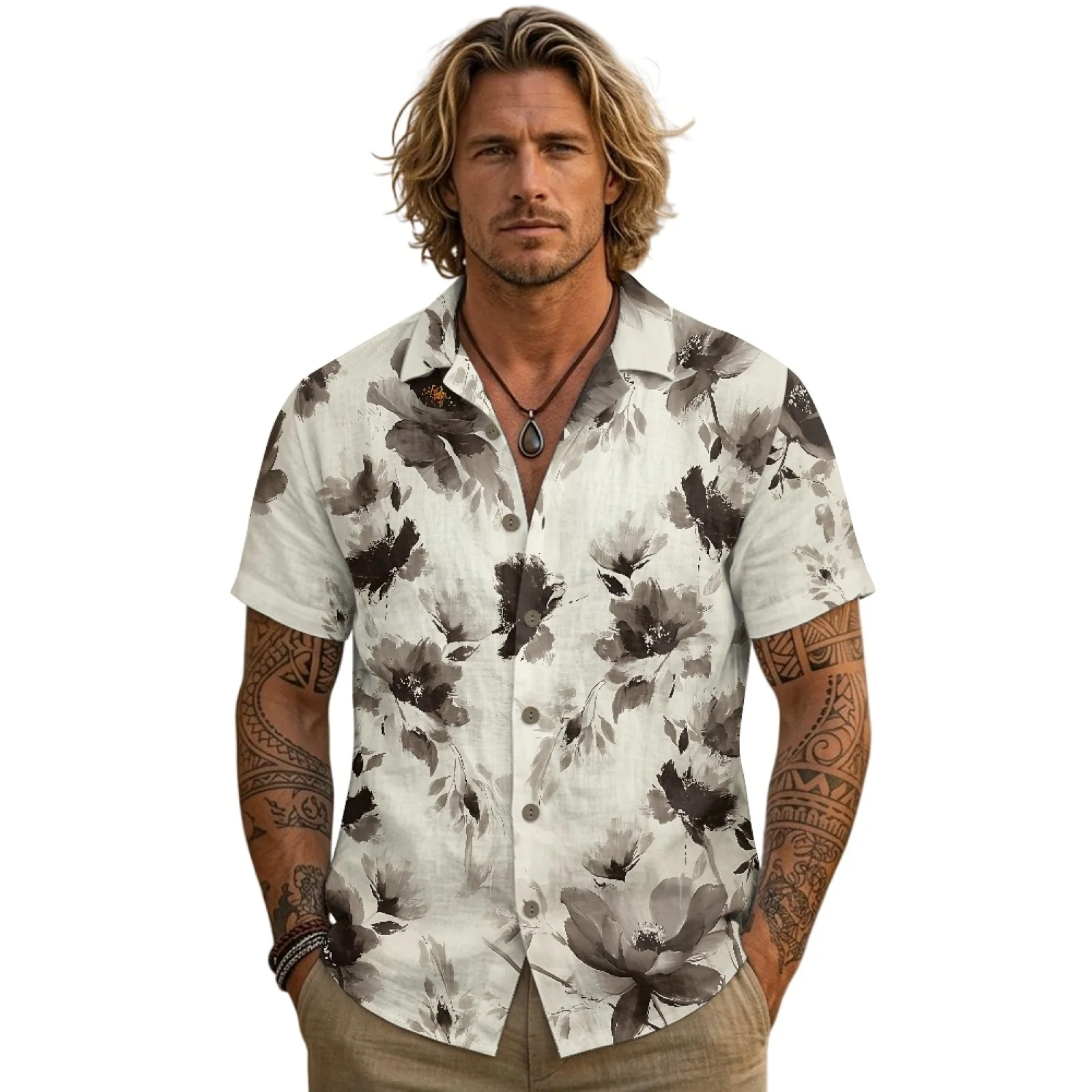 PENSTROLL Ink Floral Linen Like Mens Hawaiian Shirt, Single Breasted Short Sleeve Shirt for Men for Summer Vacation S-3XL