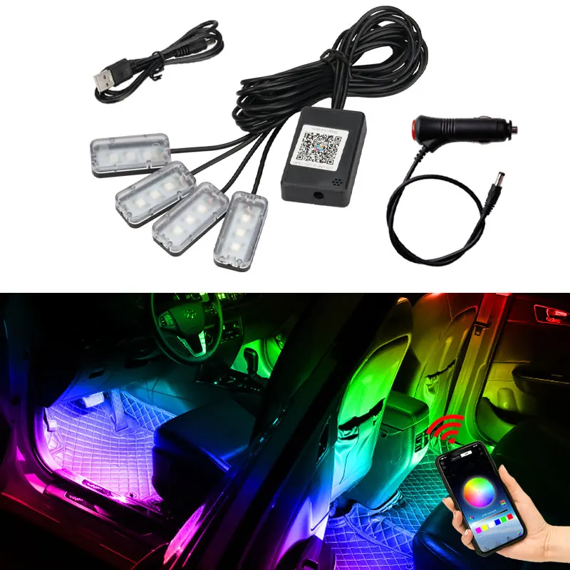 

1 in 4 Symphony Foot Light RGB LED Car Interior Decorative Atmosphere Light Ambient Lamp with USB Cigarette Wireless App Control