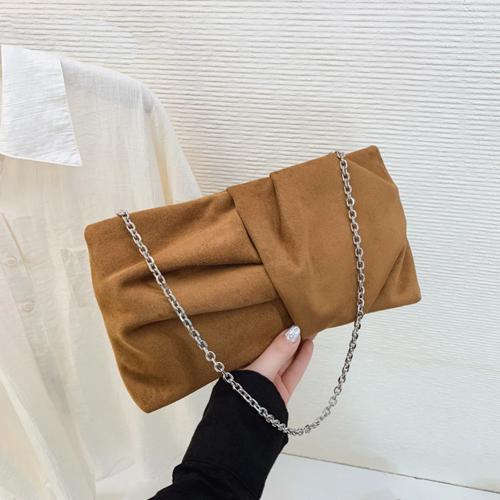 

Сложенная сумка через плечо с морщинистым бантом, женский замшевый бархатный клатч, модная сумка в стиле ретро, сумка через плечо с цепочкой, элегантные ручные кошельки