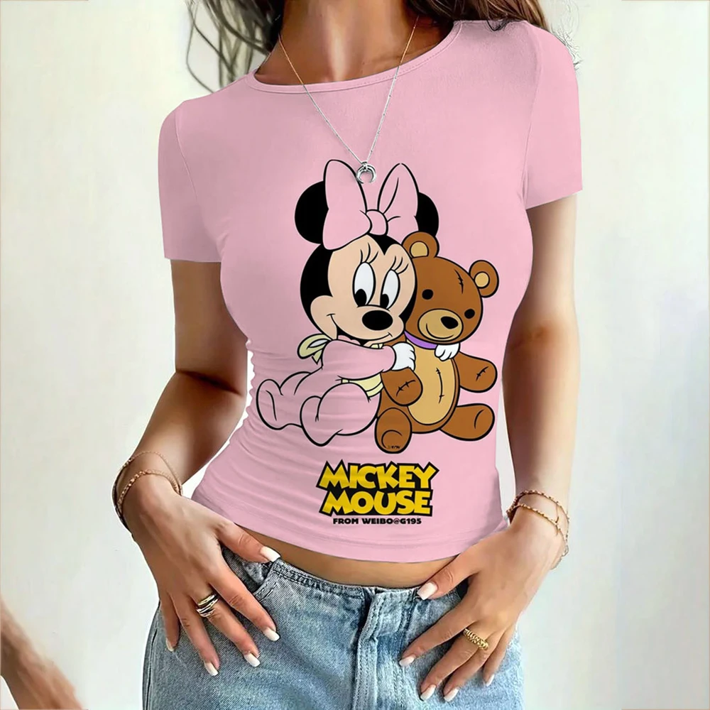 Women's clothing short sleeved T-shirt slim fit top Disney Mickey Mouse print women's round neck tight fitting T-shirt street we