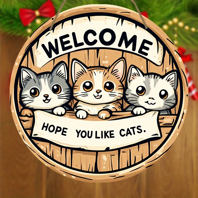 Collectible Figurines ，2D Flat, Charming Cat Welcome Sign - Rustic Wooden Round Wall Decor with Adorable Kittens, 