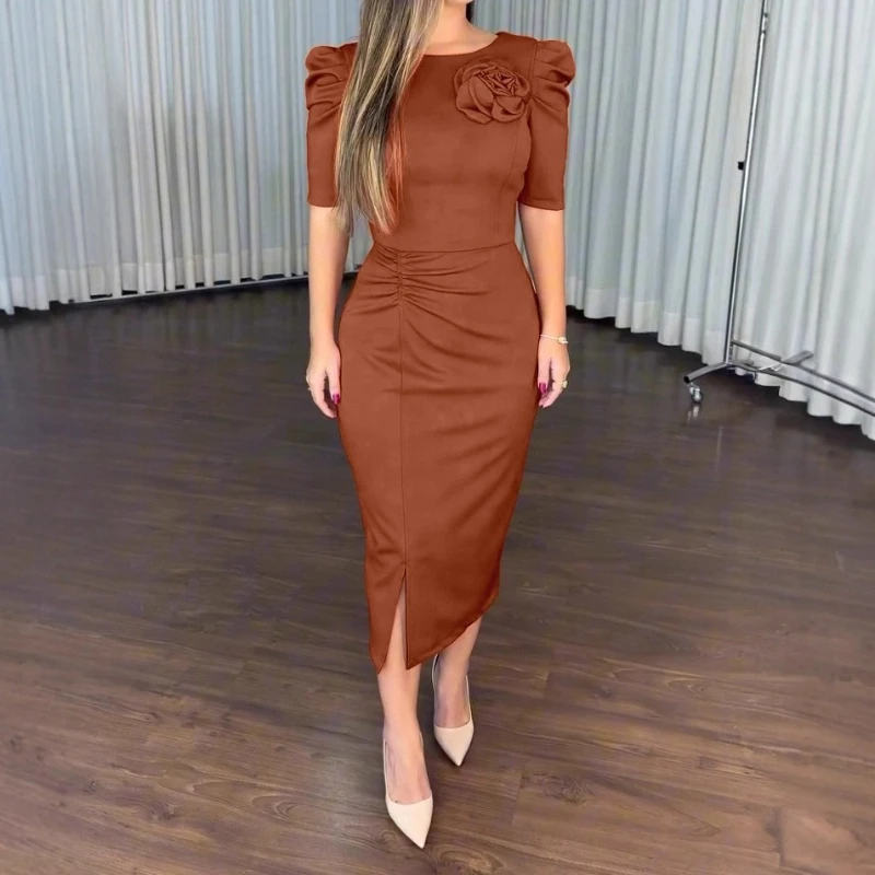 

Women's Dresses 2025 Autumn Fashion New Puff Sleeve 3D Flower Decor Round Neck Bodycon Casual Elegant Ruched Slit Midi Dress