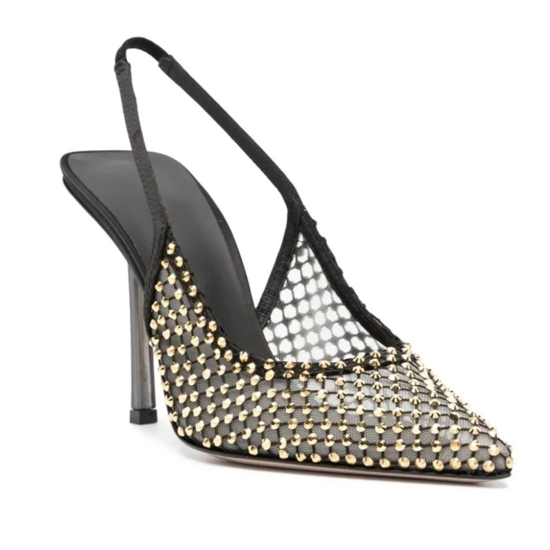 

European and American French Pointed Mesh Fabric with Hollowed Out High-heeled Rhinestone Sandals for Women's Fashion Parties