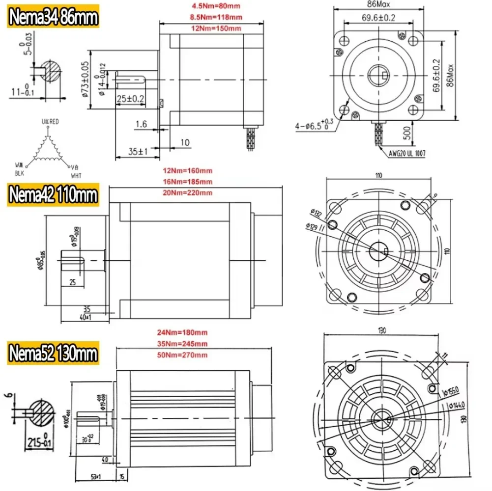 3 Phase Nema34 Nema42 Nema52 Stepper Motor 4.5/8.5/12/16/20/24/35/50Nm 14/19mm Shaft Motor AC80-240V EC3522 EC3822 Driver Kit