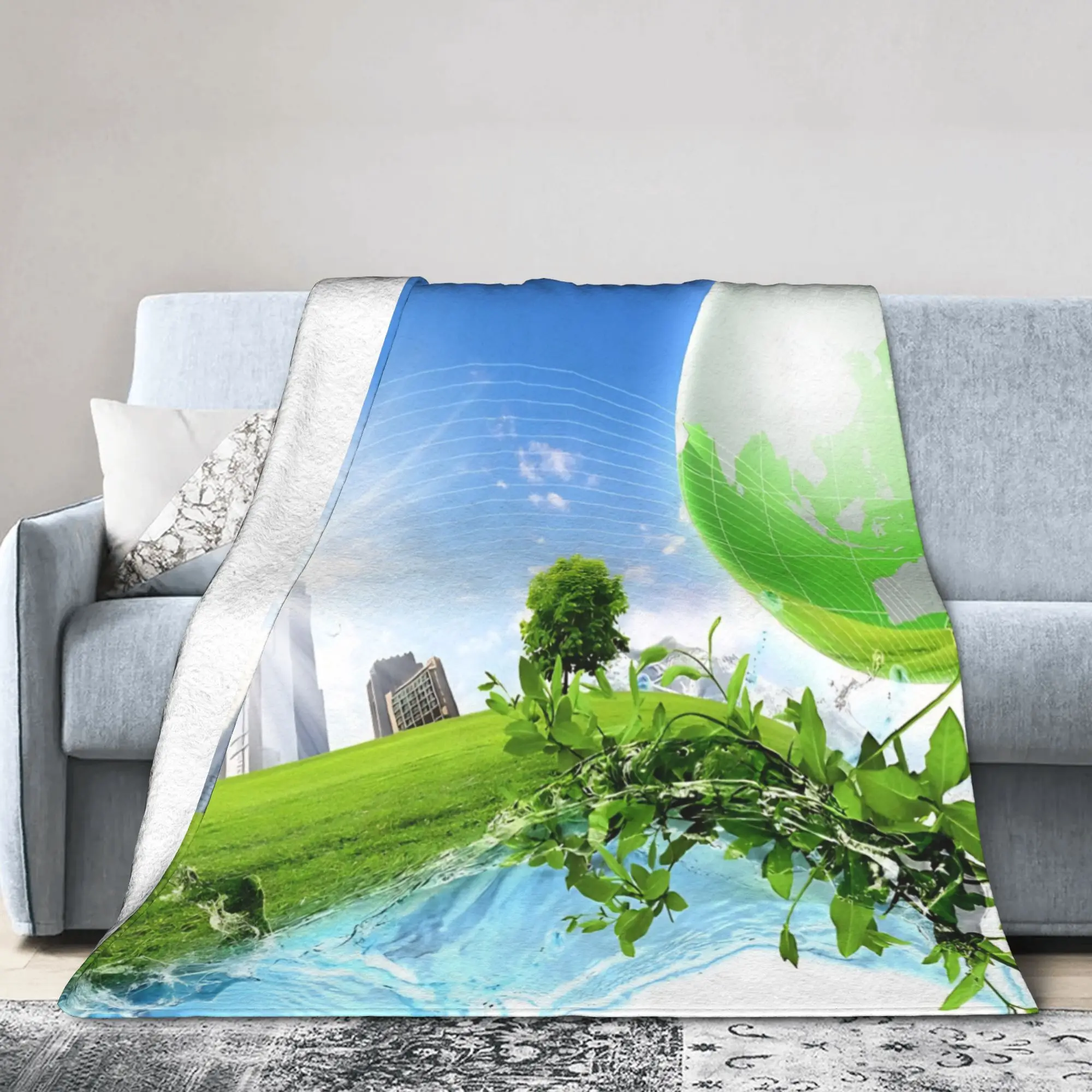 Frutiger Aero Global Nature City Fleece Throw Blanket  Blanket for Home Couch Lightweight Thin Bedding Throws