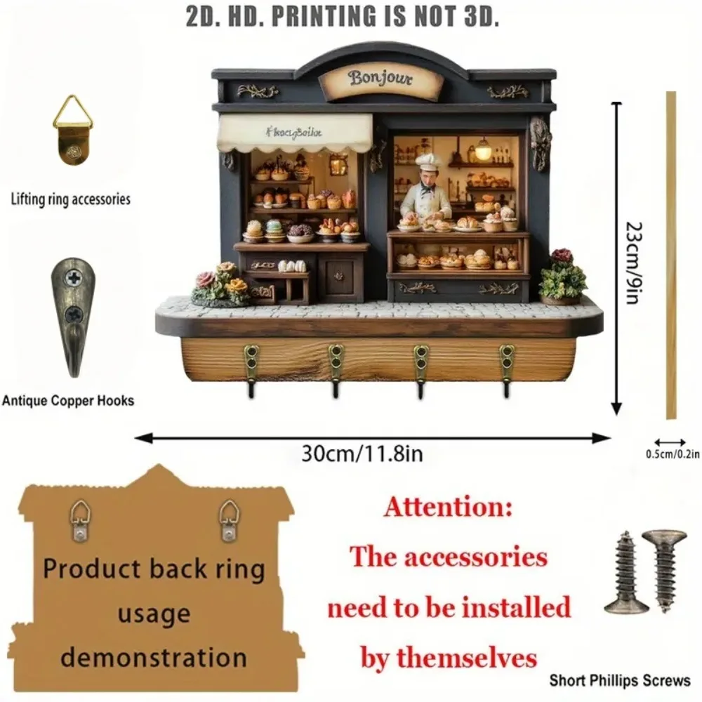 2D Retro Baking Style Wooden Keychain with Four Metal Hooks, Suitable for Home, Wall, Porch, Room, Villa, All Season Decoration