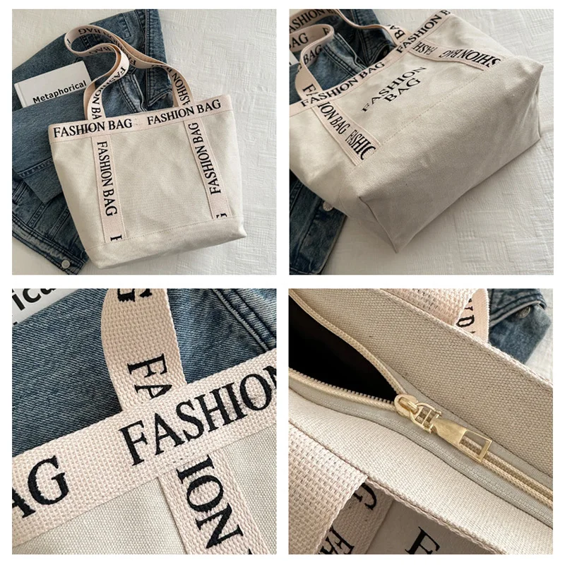 Borse tote casual da donna di grande capacità, borse a tracolla in tela con decorazioni di lettere per lo shopping da viaggio all\'aperto da donna