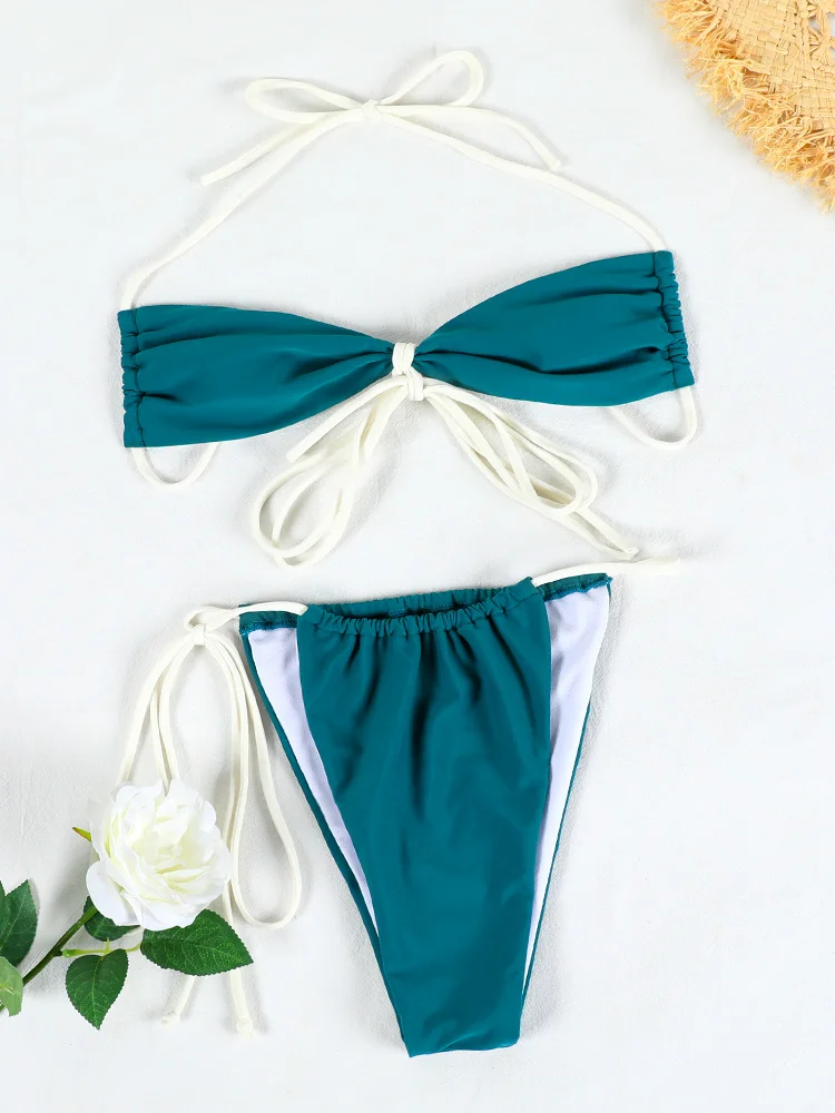 ZRTAK Hollow Out Bikini for Women Halter Green Swimwear  Bandage Micro Thong Bikini Beach Wear Bathing Suit Female Swimsuit
