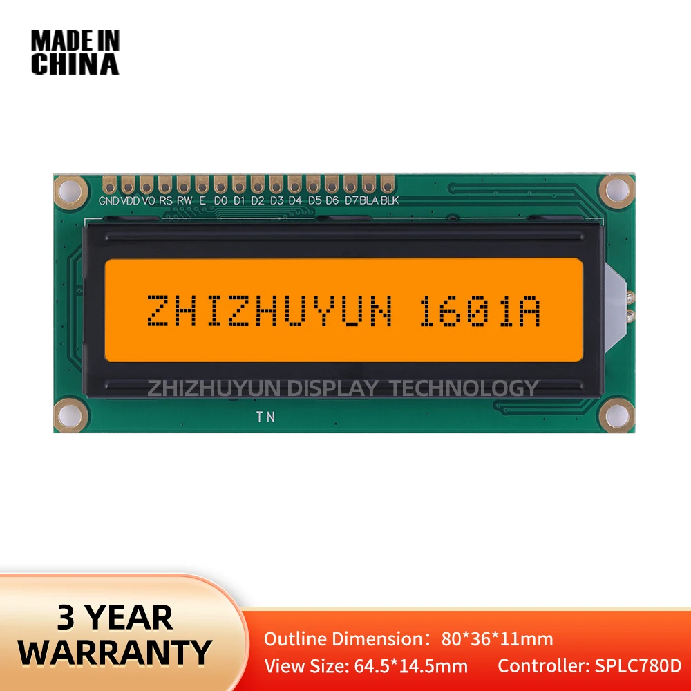 1601A Characters Lcd Display Screen Orange Light Black Characters Controller Splc780D 16*1 Monochrome Screen