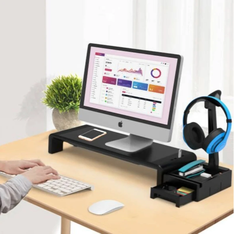 Adjustable Monitor Riser with Four USB Ports, Headphone Hook, Drawer Storage, Rotating Base plus Dual Cable Power Input for Desk