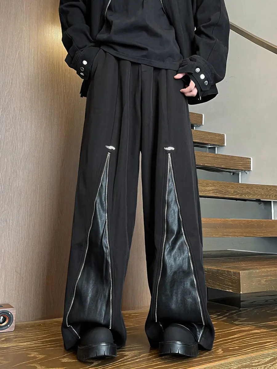 

Мужские повседневные брюки в стиле хип-хоп, уличные, свободного кроя, с прямым силуэтом, с вставками из искусственной кожи, на молнии, для повседневной носки, из полиэфирного волокна