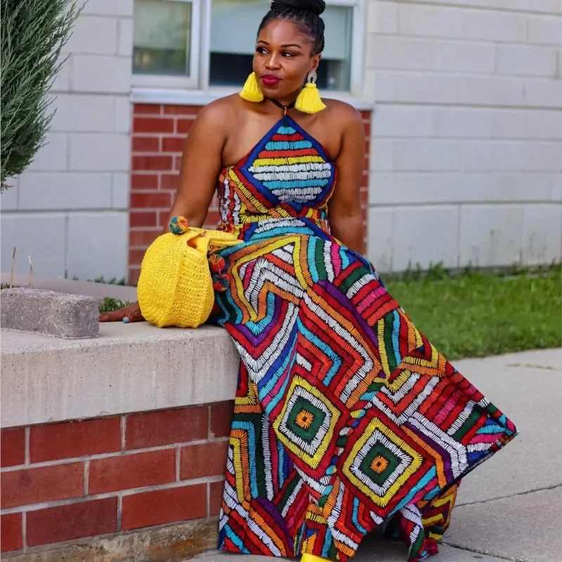 African Dresses For Women 2024 New Arrival Summer Dashiki Sexy Printed Backless Sleeveless Dress Nigeria Turkey Africa Clothes