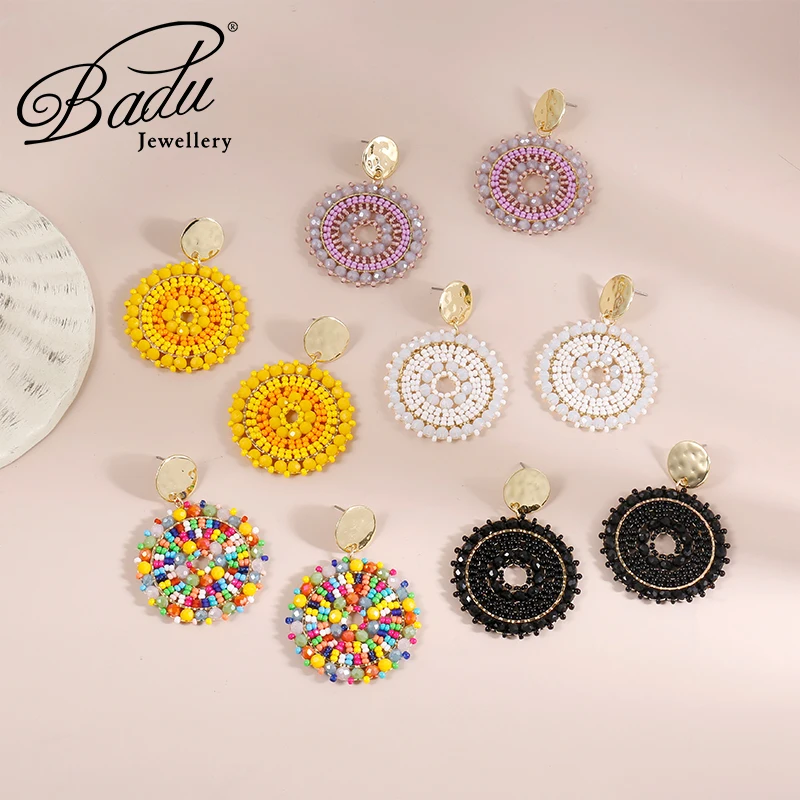 Badu Trendy Vintage Ethnic Seed Beads Crochet Earrings Bohemia Crystal Dangle Earrings for Women Handmade Jewelry Oorbellen Gift