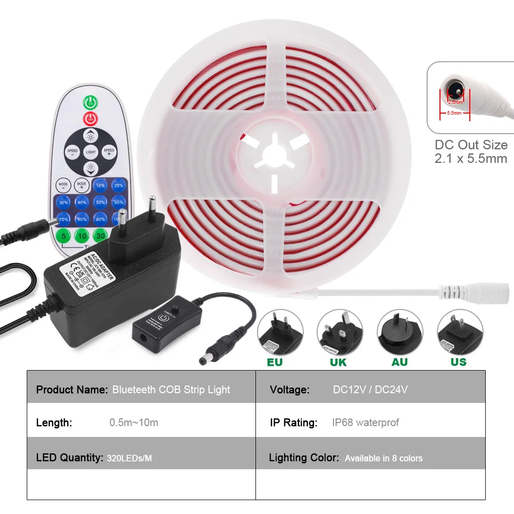 COB LED Neon Strip Light Bluetooth-compatible Remote Control EU US Power Kit 12V 24V 320 LEDs IP68 Waterproof Flexible Tape RA90