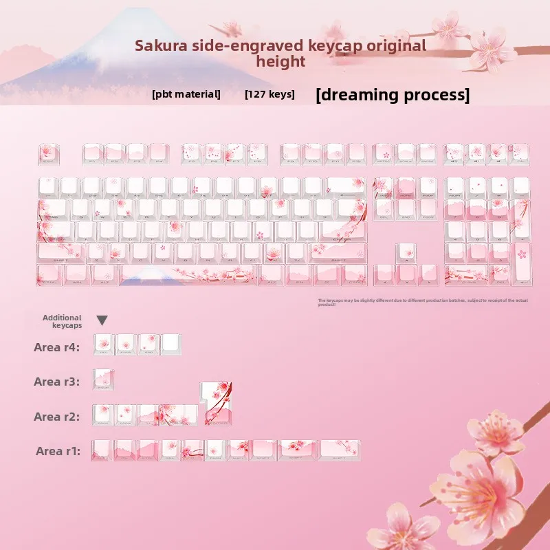 2026 New Keycaps Cherry Blossom Pink Side-Engraved Backlit Dual-Injection PBT Sublimation 127-Key Small Full Set Keyboard