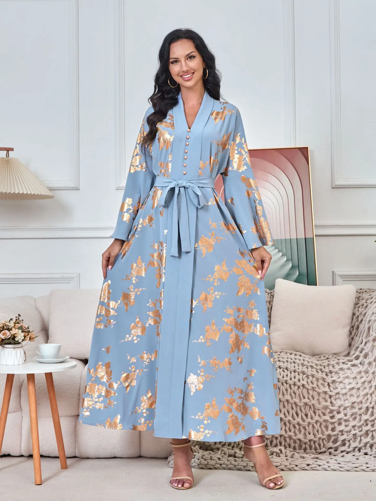 Eid Muslim Party Dress for Women V Neck Vestidos Ramadan Abaya Long Dress Morocco Vestidos Largos Dubai Robe Jalabiya 2024