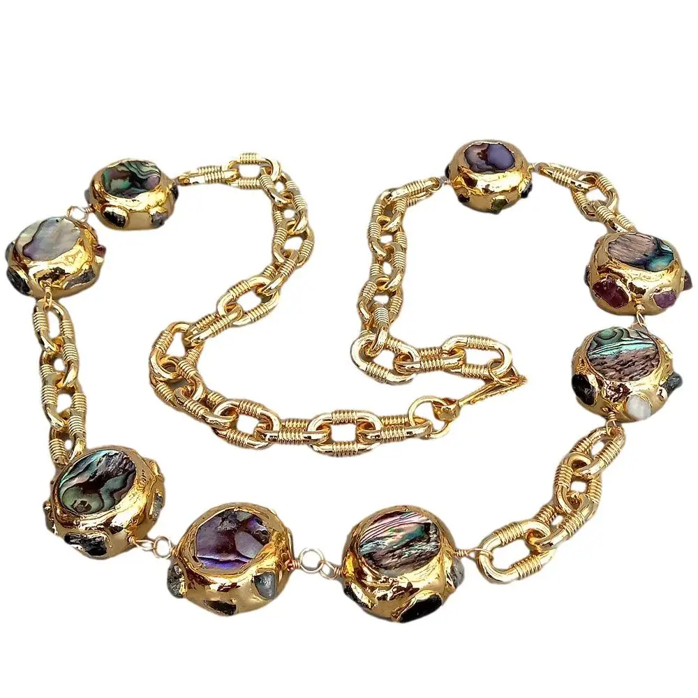 yygem 22mm Natural Rainbow Color Abalone Shell Beads Gold Plated Chain Long Necklace 28