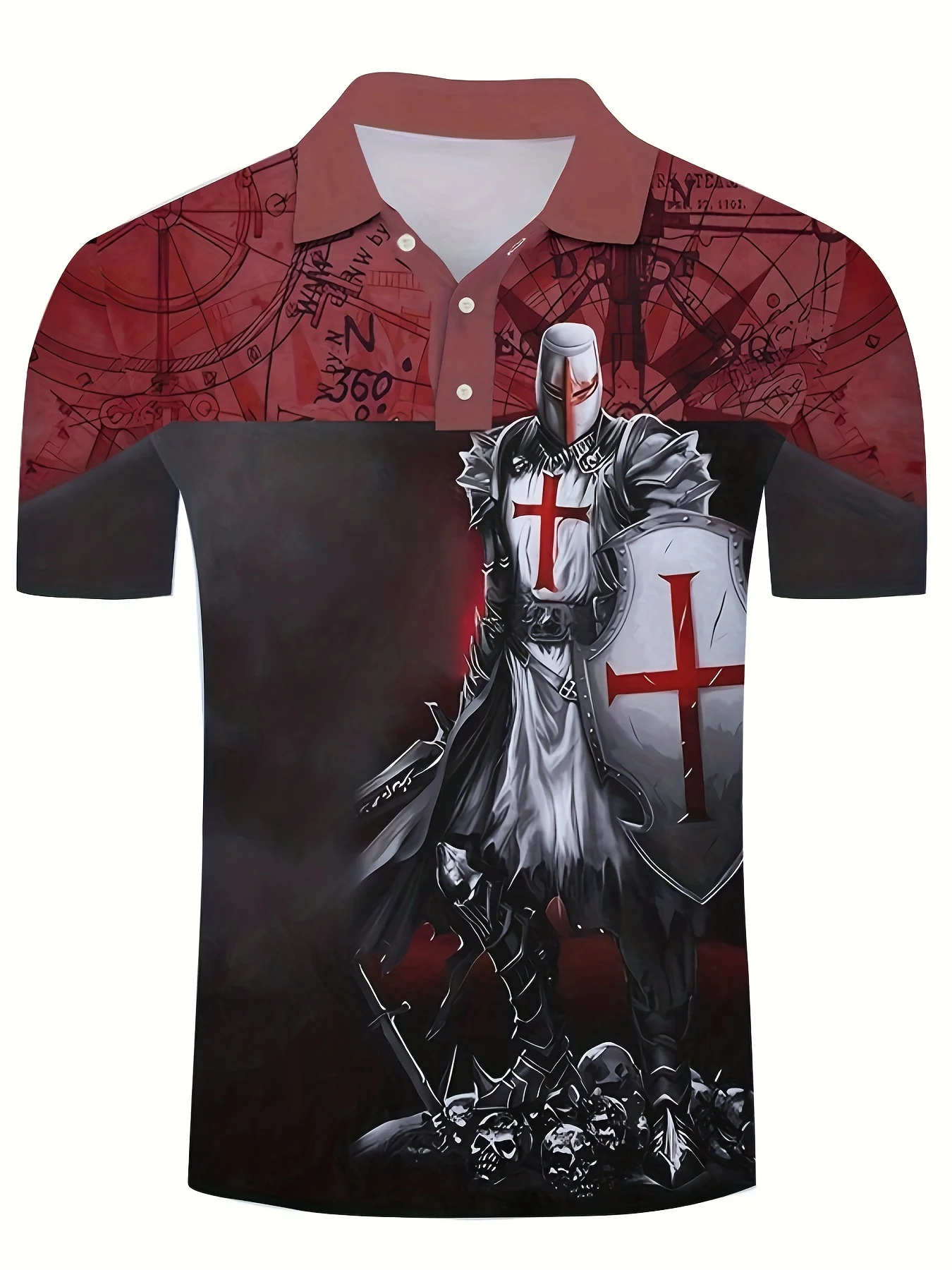 Men's 3D Print Knights Templar Medieval Red Cross Gothic Short Sleeve Polo Shirt Vintage