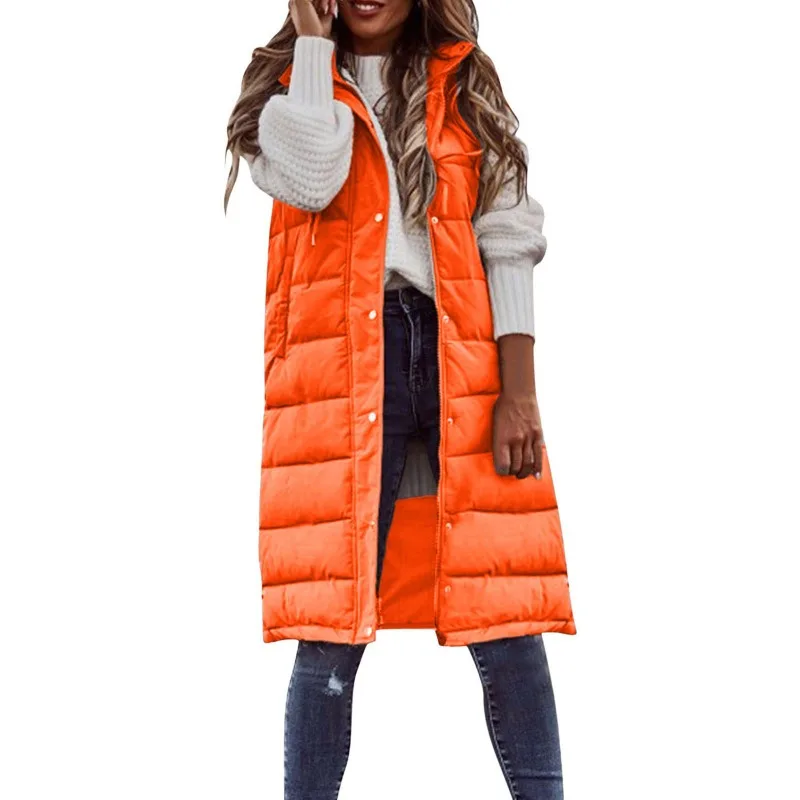 Women Loose Single-Breasted Cardigan Parkas Winter Parkas Vest Coat Women\'s Casual Sleeveless Hooded Solid Color Long Vest Coat