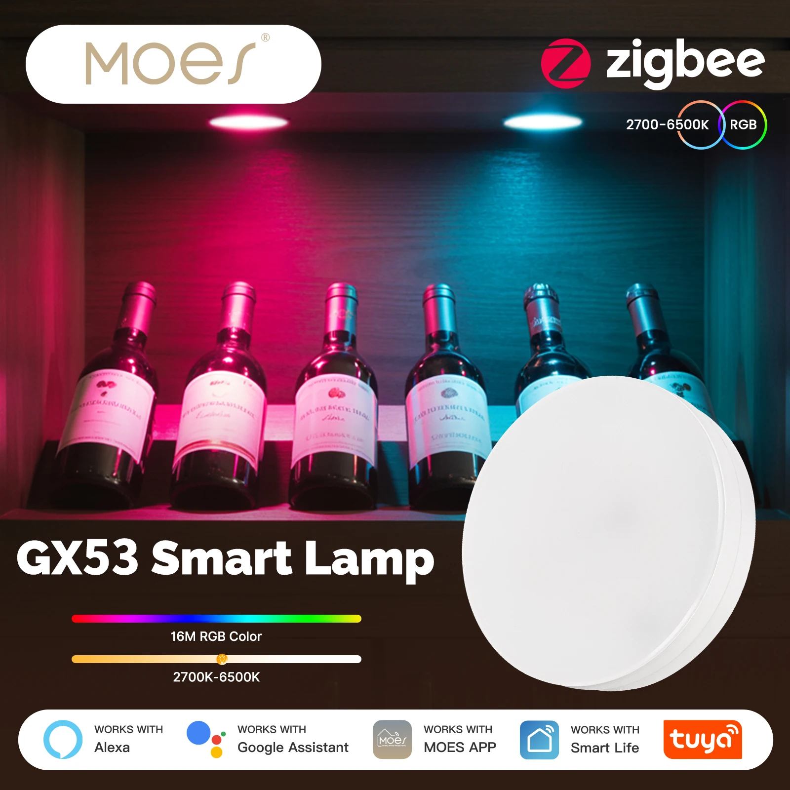 MOES Tuya ZigBee Умная светодиодная лампа GX53 Изменение цвета лампы с регулируемой яркостью Синхронизация музыки Ресторанный шкаф Работа с Alexa Google Home MOES Tuya ZigBee Умная светодиодная лампа GX53 Изменение цвета лампы с регулируемой яркостью Синхронизация музыки Ресторанный шкаф Работа с Alexa Google Home