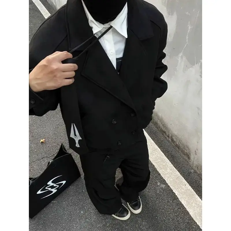 

Black Suede Double-breasted Jacket Men's Autumn and Winter Suit Turn-down Collar Long Sleeves Short Jacket Loose Casual Tops