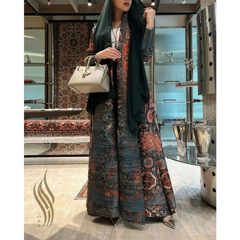 KAF Pleated Women Abaya 2025 Spring Fall New Long-sleeved Retro Printing Lace-up Design Loose Large Size Arabian Luxury Abaya