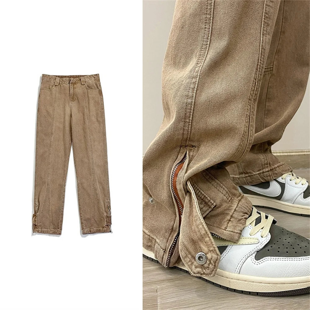 Korean Men Jeans Straight Male Dark Brown Denim Pants Harajuku Man Streetwear Trousers Loose Casual Denim Trouser Baggy Pant