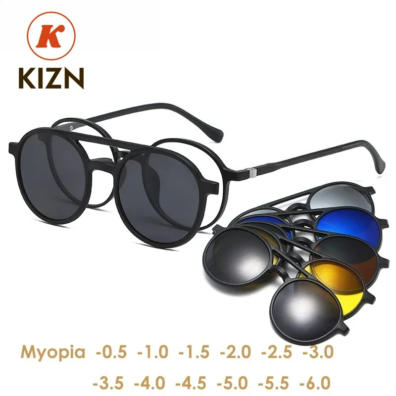 

Солнцезащитные очки KIZN для коррекции близорукости, модные круглые, унисекс, поляризованные, с магнитным креплением, набор из 6 в 1, зеркальные, с диоптриями от -1.0 до +6.0