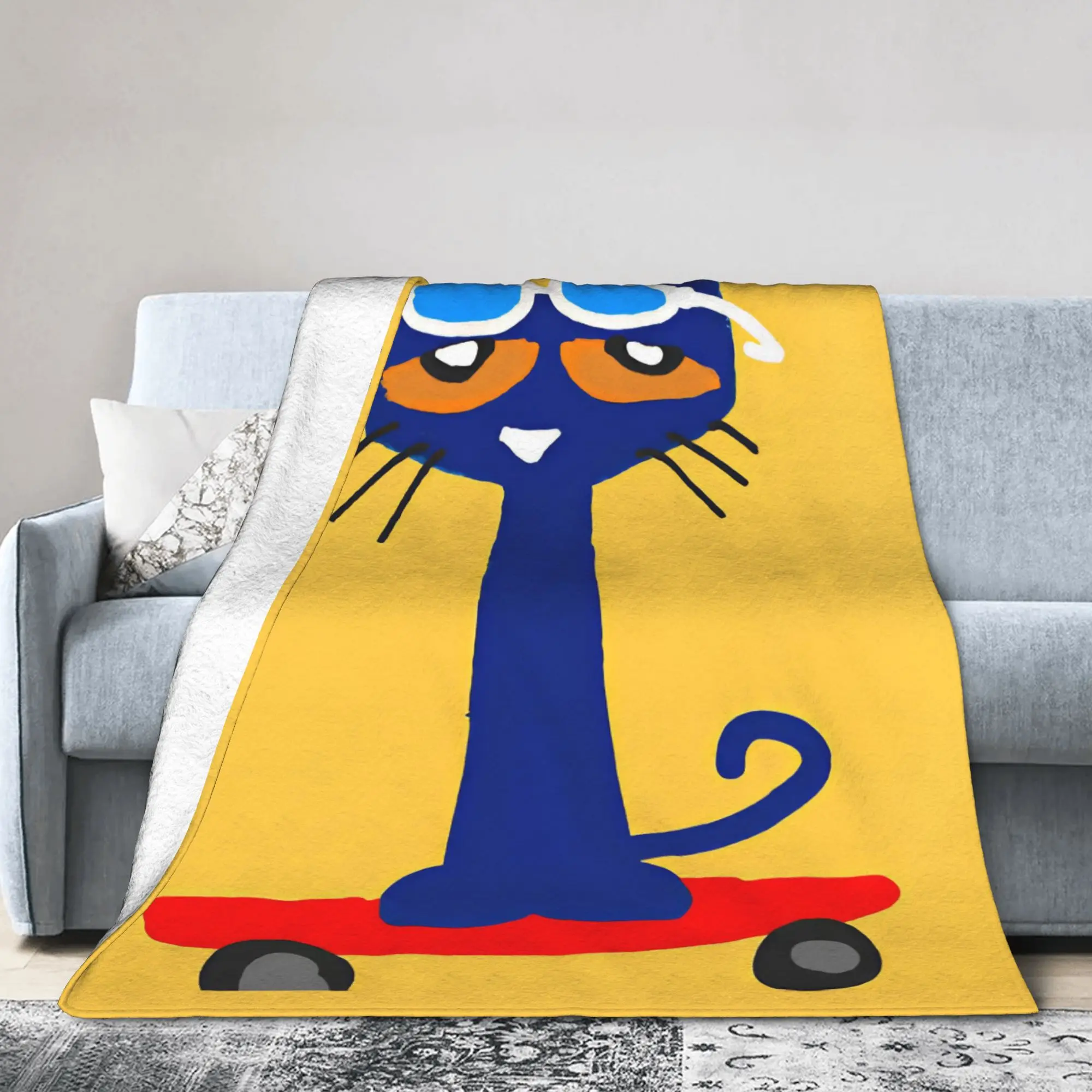 Pete the Cat Cartoon Knitted Blankets Coral Fleece Plush Skateboarding Cat Warm Throw Blankets for Bedroom Sofa Bedspread