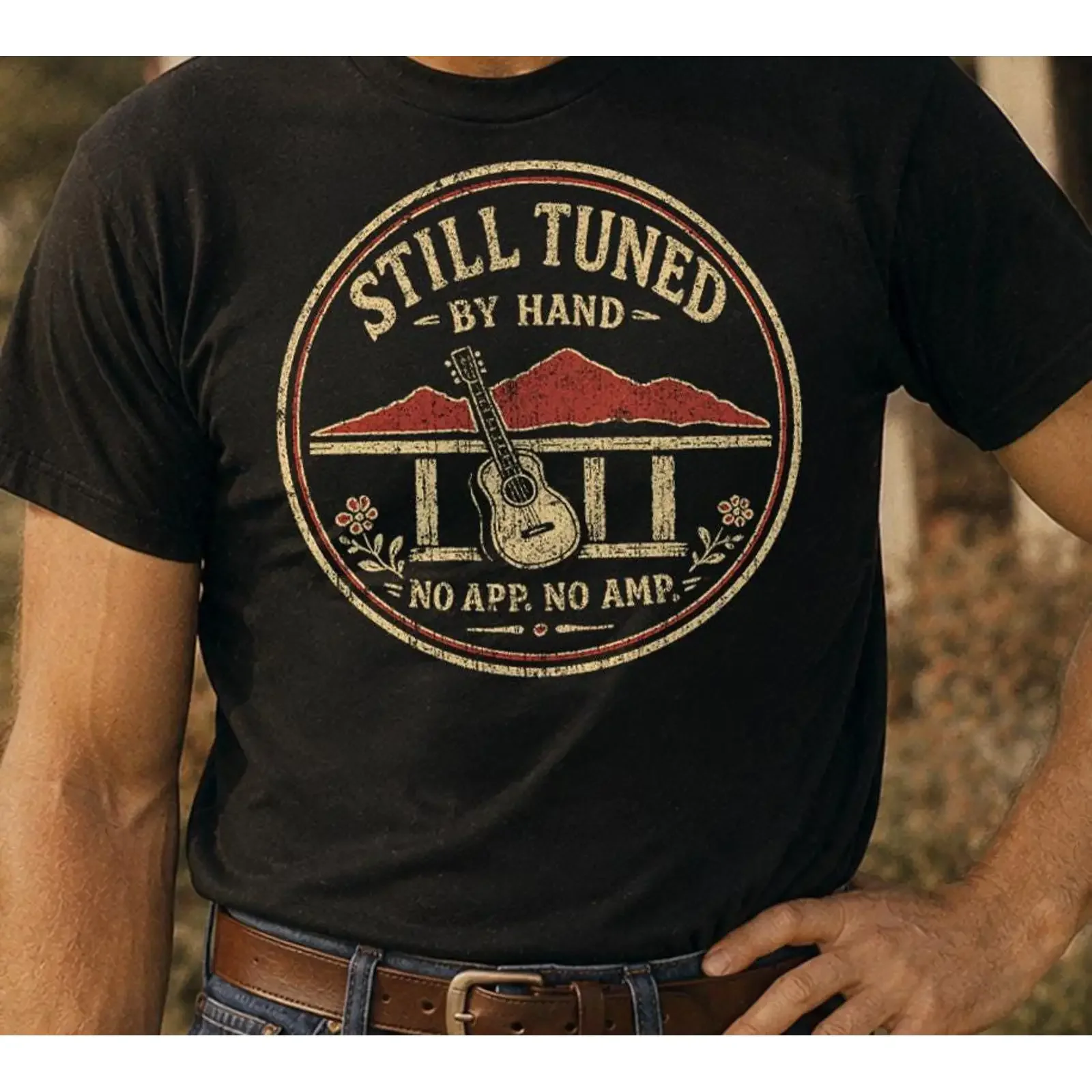 Still Tuned By Hand T Shirt Acoustic Guitar Bluegrass Music Folk Old Time vintage Washed Versatile homme designer clothes