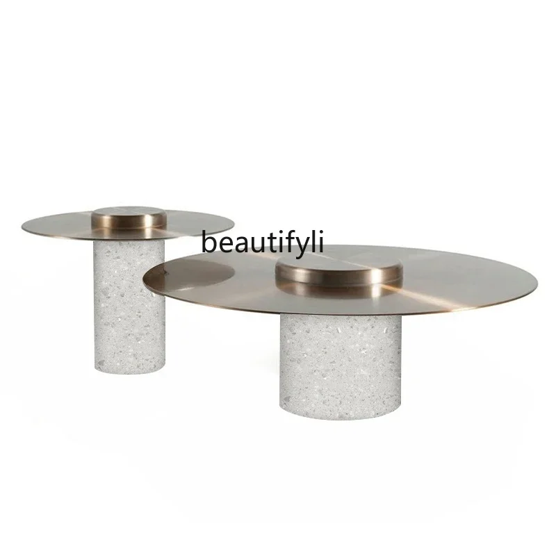 

ls 27Nordic modern terrazzo round coffee table living room light luxury high and low combination creative designer sofa side tab