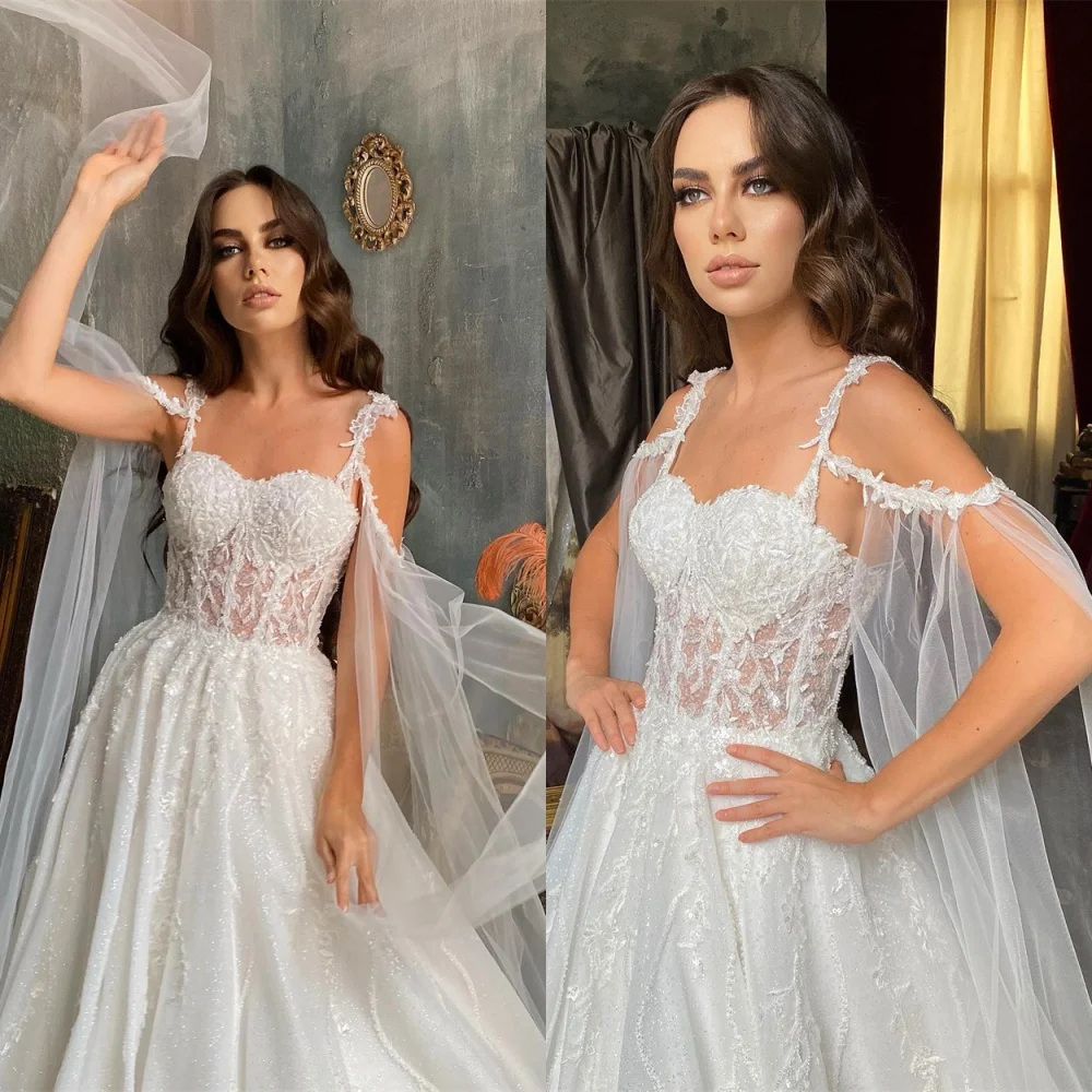

Customized Exquisite White Organza Wedding Dress Elegant Strapless Off the Shoulder Long Sleeves Chapel Train Bridal Gowns