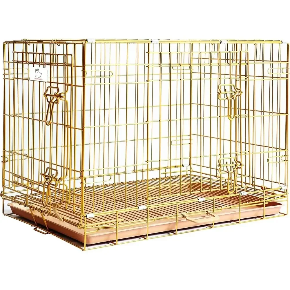 Portable 30 Inch Medium-Small Dog Crate - Copper Gold Metal Wire Cage with Pull-Out Floor Grid, Easy-Clean Tray, Dual Entry for