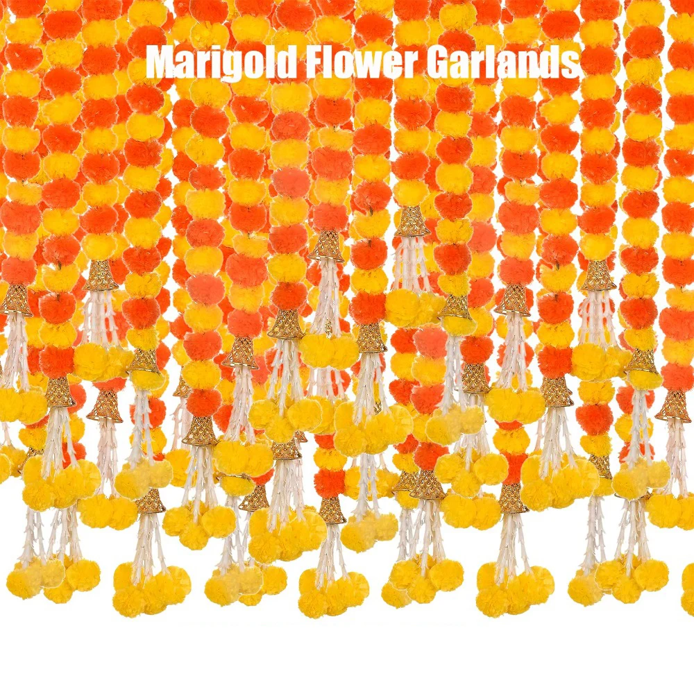 Long Strands Artificial Marigold Garland 1.5m Indian Décor Marigold Flower Garlands Pooja Diwali Fiesta Events Decor Fake Plant