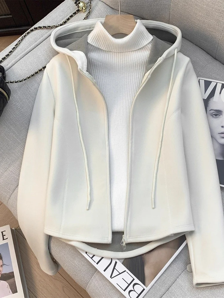 

aphene Double-Sided Fce ort Jaet Slim Fit Korean Sle Commute Autumn Winter New Sle Zipper Hoodie Casual Outerwear