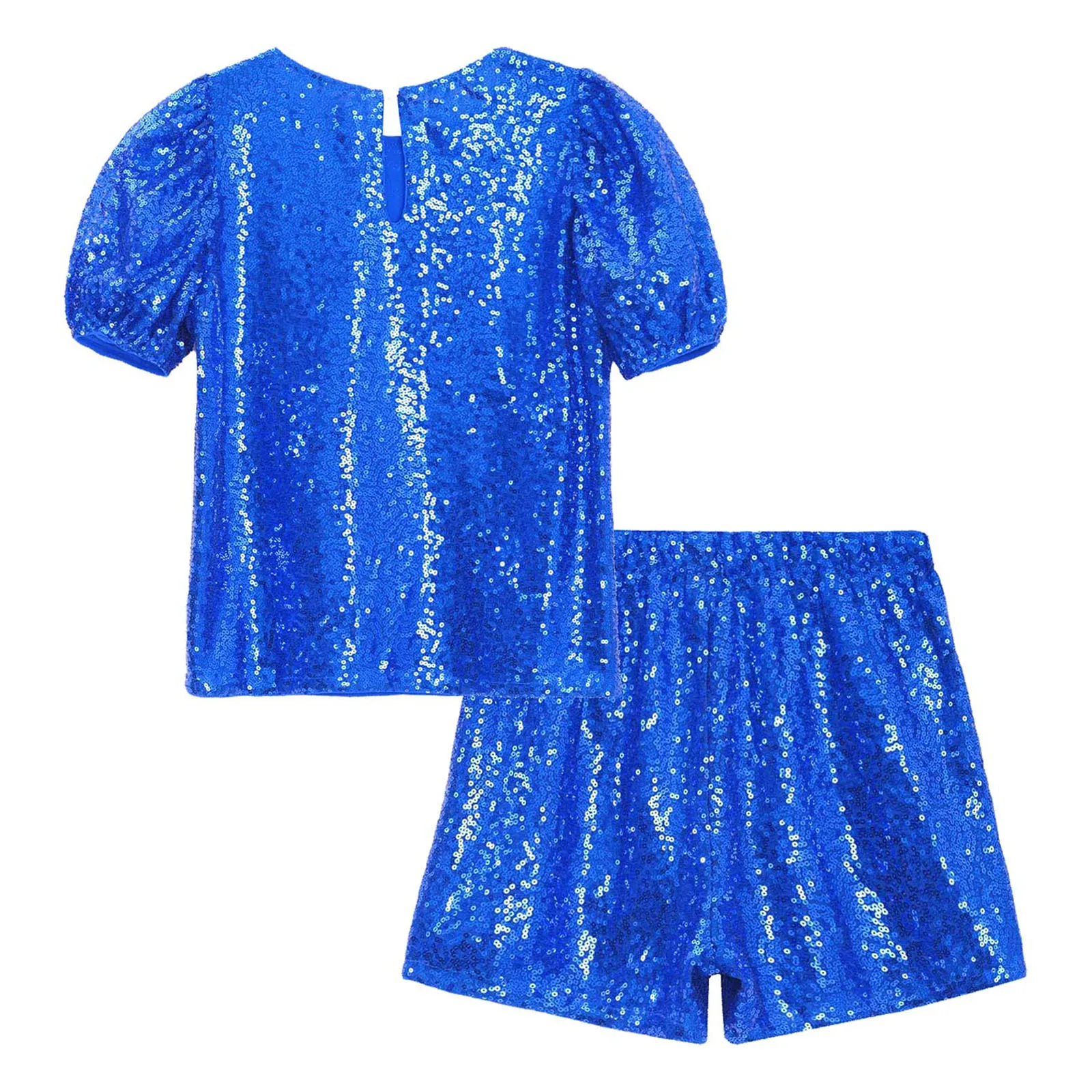 Kids Girls Latin Jazz Dance Sets Short Puff Sleeves Shiny Sequins Top with Shorts for Cheerleading Stage Performance Competition
