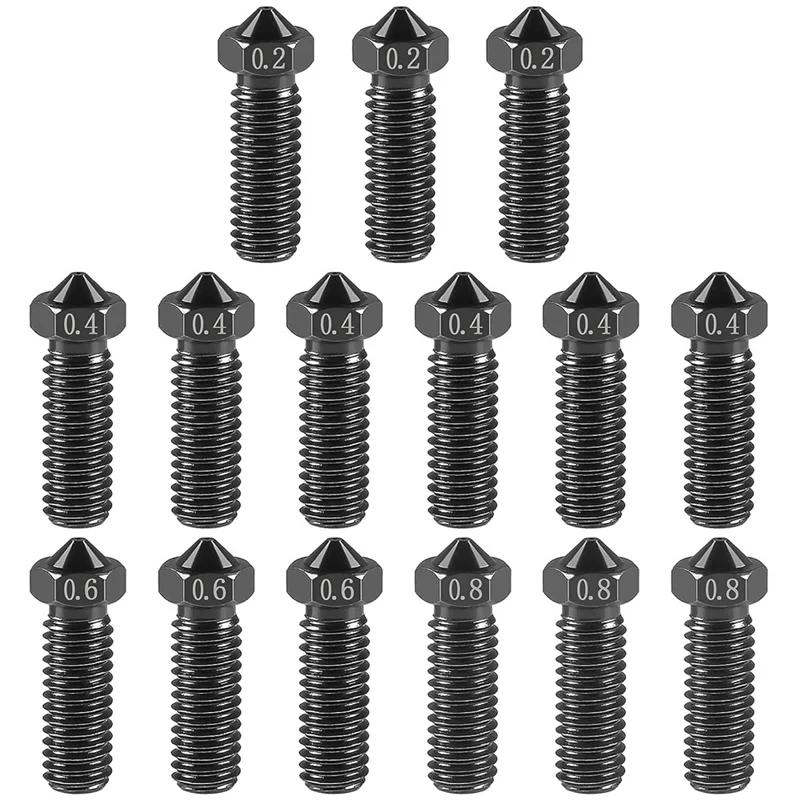 15Pcs V6 For VOLCANO Nozzle Kit M6 Thread Hardened Steel Nozzles 0.2mm 0.4mm 0.6mm 0.8mm Extra Extruder Nozzles