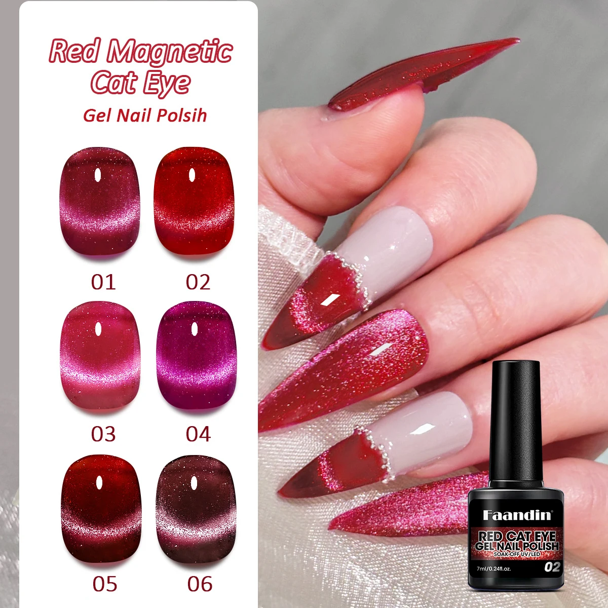 Faandin 0.24oz*1 Bottle, Deep and Mysterious Like Cat's Eye, Crystal Clear, New Year Red 9D Cat's Eye Gel Nail Polish, Long-Lasting and Firm, Not Easy to Fall Off, DIY Light-Changing with Magnetic Stick, Red Cat's Eye Nail Polish, a Must-Have Item for Proms, Parties, and Trendy Girls, Easy to Operate, Nail Supplies, Wholesale Nail Polish for Nail Salons