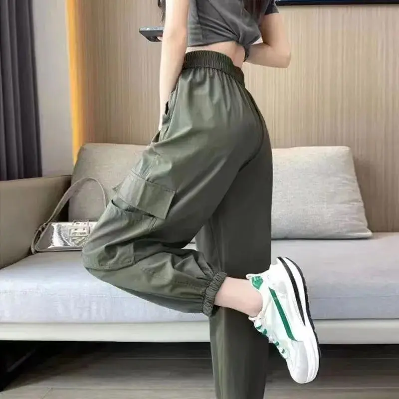 New Trendy American Cuffed Cargo Pants Women High Waist Slim Fit Versatile Casual Pants