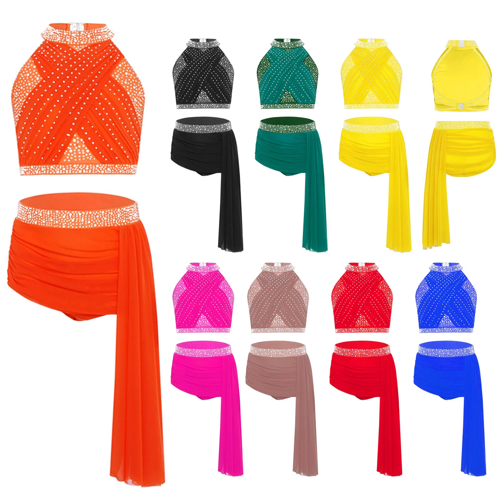 

Girls Rhinestones Lyrical Dance Outfit Halter Sleeveless Backless Mesh Crop Top and Asymmetrical Mesh Skirt Modern Ballet Dance