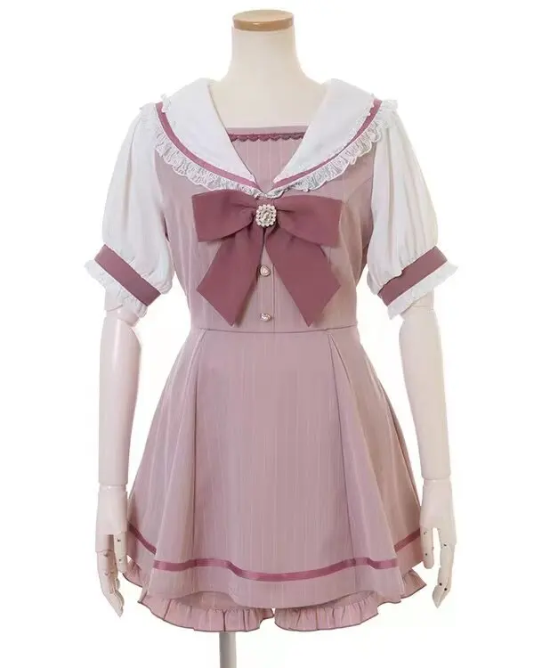 

Cute Sweet School Uniform Set High Waist A-Line Skirt Polyester Fiber Short Sleeve Button Closure Girl's Dress for Adult Cere...