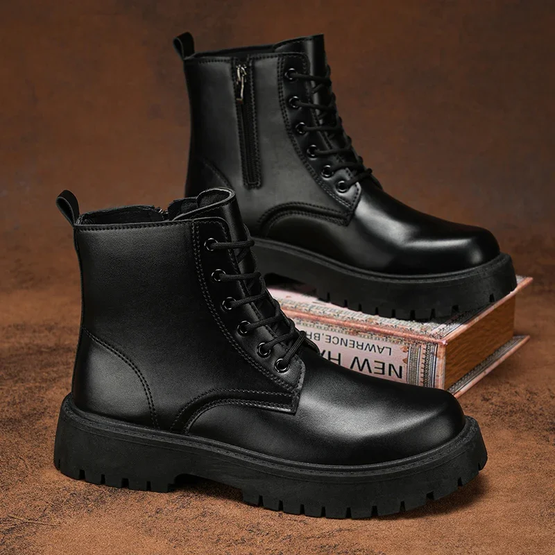Men Fashion High Top Motorcycle Boots Comfy Casual Black Punk Leather Boots Lightweight Antiskid Thick Bottom Boots
